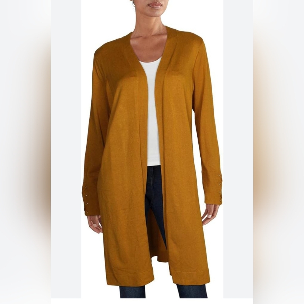 Jm Collection 2x extra long open front mustard cardigan